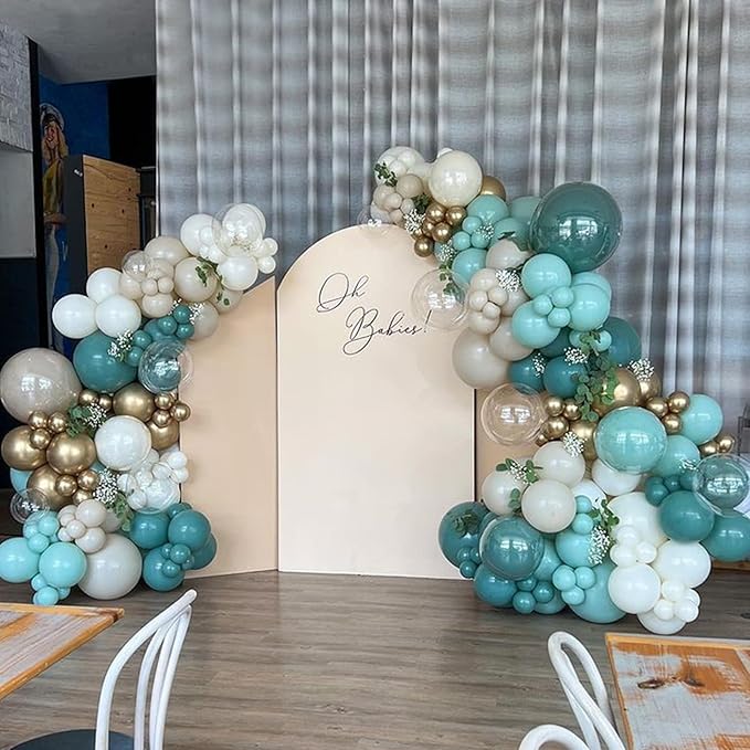 158PCS Teal Balloons Arch Garland Kit, Turquoise Sand White Metallic Gold Balloons Garland for Baby Shower Bridal Shower Wedding Birthday Party Decorations