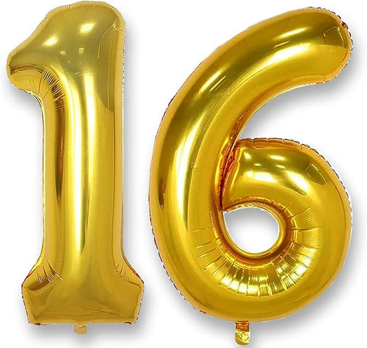 AULE 40 Inch Jumbo Gold Foil Mylar Number Balloons for Boy Girl 16th Birthday Party Decorations 16 Years Old Anniversary Party Supplies