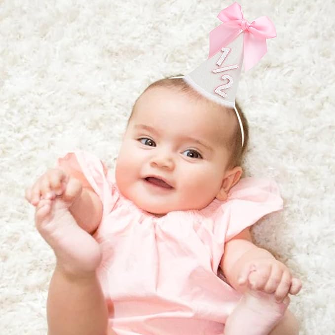 Pink Bow 1/2 Birthday Hat- Pink half Birthday hat, Princess 1st Birthday Supplies,Half Birthday Decorations for Girls