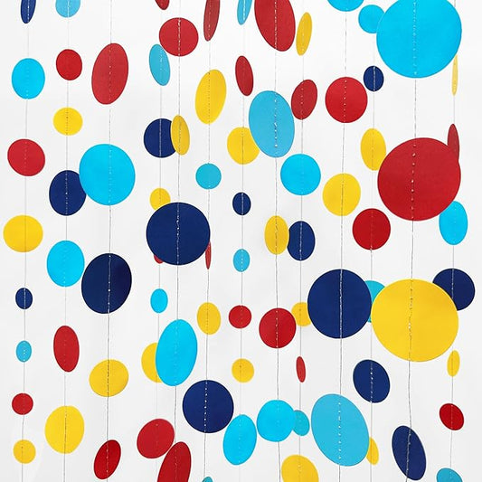 Red Blue Yellow Party Decorations Circle Dots Garland Hanging Paper Polka Dot Streamer for Carnival Circus Clown Fiesta Festivals Birthday Wedding Bridal Shower Wedding Baby Shower Party Supplies