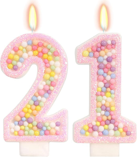 Birthday Candles - Number 21 Candle, Colorful Macaron Candles, 21 Birthday Decorations for Girls, Cake Decorations, Sweet Theme Party Supplies (Pink)