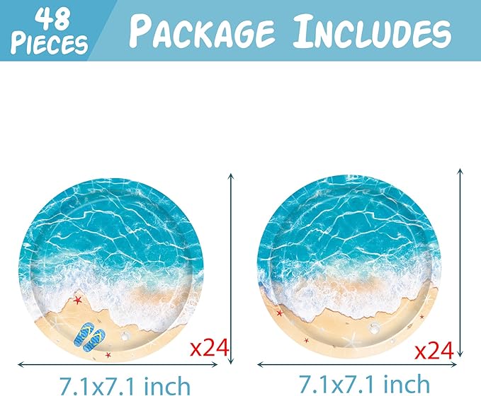 umoni Ocean Waves Plates Summer Beach Birthday Supplies 48 Piece Pool Party Disposable Paper Plates Blue Beach Waves Table Decor for Hawaiian Seaside Holiday Birthday Party Decorations