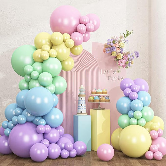 RUBFAC 135pcs Pastel Balloon Arch Kit, Macaron Rainbow Latex Balloon, Different Sizes 18 12 10 5 Inch for Garland Baby Shower Birthday Party Gender Reveal Garland Decoration