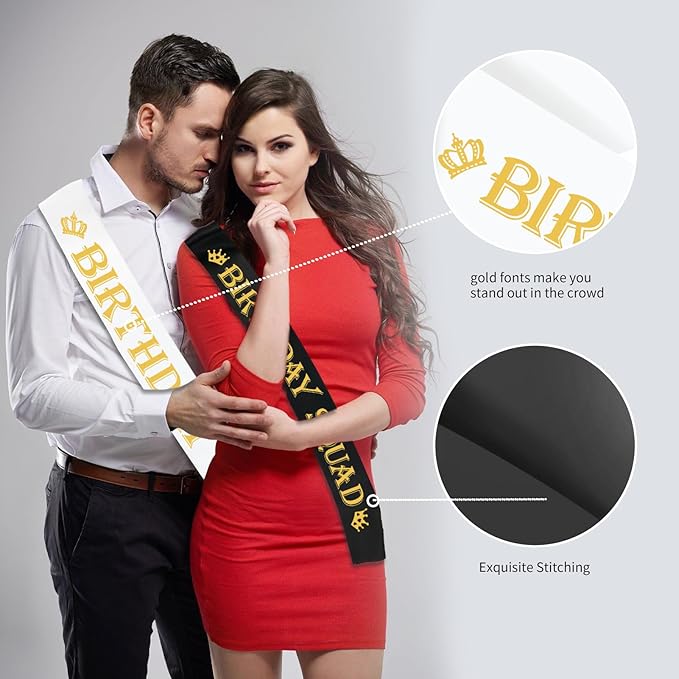 7 Pcs Birthday King Sash and Birthday Squad Sashes Set, Funny Bday Sashes for Men Bday Party Supplies Gifts Favors, Black+White (Gold Letters)