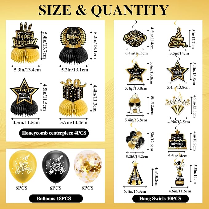 Black Gold Birthday Decorations for Men Women, Pre-Strung Happy Birthday Banner with Backdrop, Balloons,Honeycomb Centerpieces & Streamers Kit