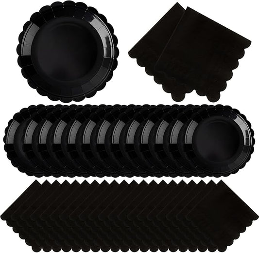 120 Pcs Paper Plates and Napkins Party Supplies Bulk Disposable 7 Inch Scalloped Plates Cocktail Napkins for Wedding Bridal Baby Shower Birthday Decorations, Serve 60 (Black)
