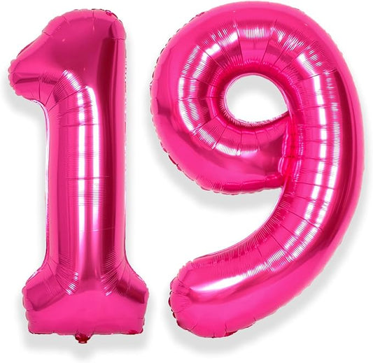 SUWEN 40 Inch Hot Pink Large 19 Number Balloons Big Foil Helium Number Balloons 0-9 Jumbo Happy 19th Mylar Birthday Party Decorations for Girl or Women 91 Anniversary Party Supplies