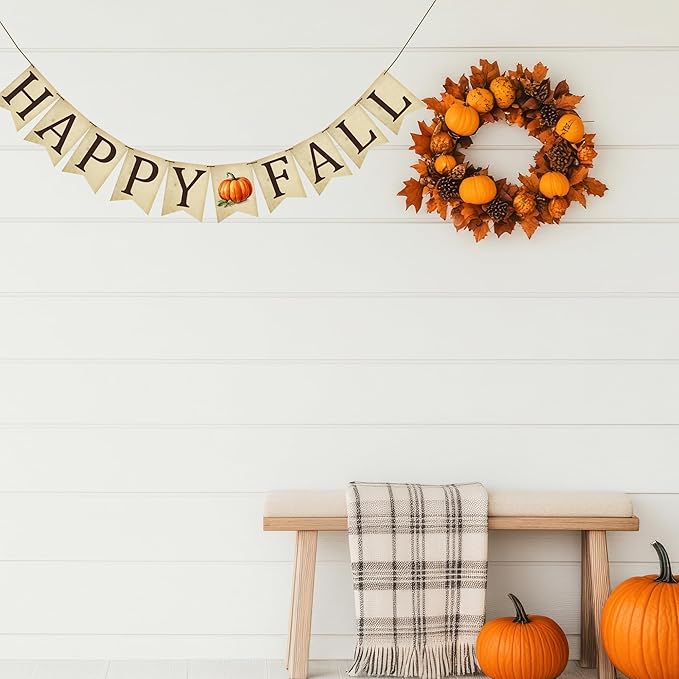Fall Decoration - Happy Fall Pumpkin Banner Wall Hanging Holiday Decor for Outdoor Mantle Fireplace - Thanksgiving Party Supplies & Decor Autumn Banner for Home Office Room - A02