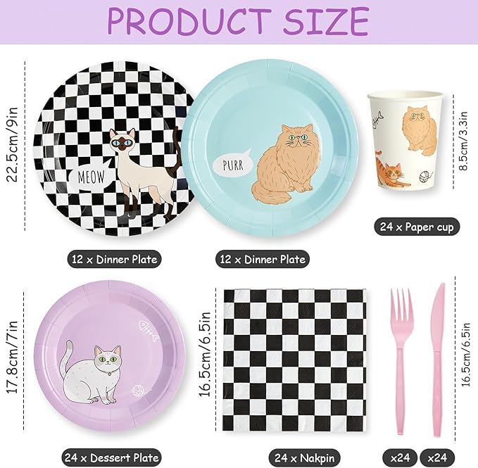 144Pcs Cat Birthday Party Supplies Decorations Cat Themed Paper Plates Napkins Vintage Party Tableware Disposable Pet Dinnerware Set for Kids Birthday Baby Shower Table Decor, Serve 24
