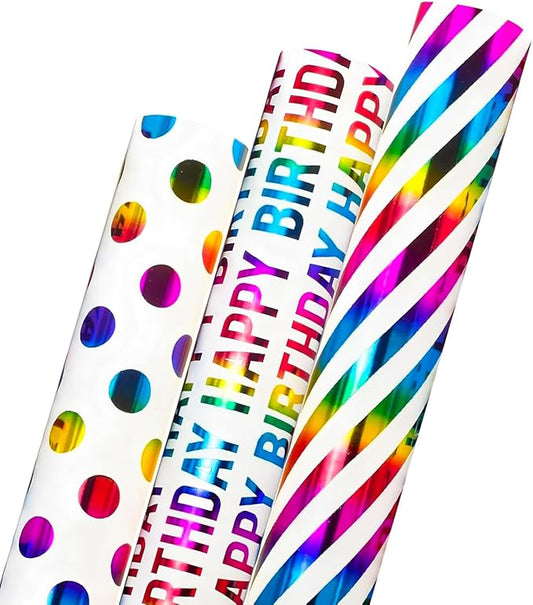Birthday Wrapping Paper Iridescent Gift Wrapping Paper Mini Roll Baby Girl Shower Wrapping Paper, 3 Rolls Happy Birthday Polka Dots Stripes Printed Assortment - 17 inch x 120 inch(10feet) Per Roll