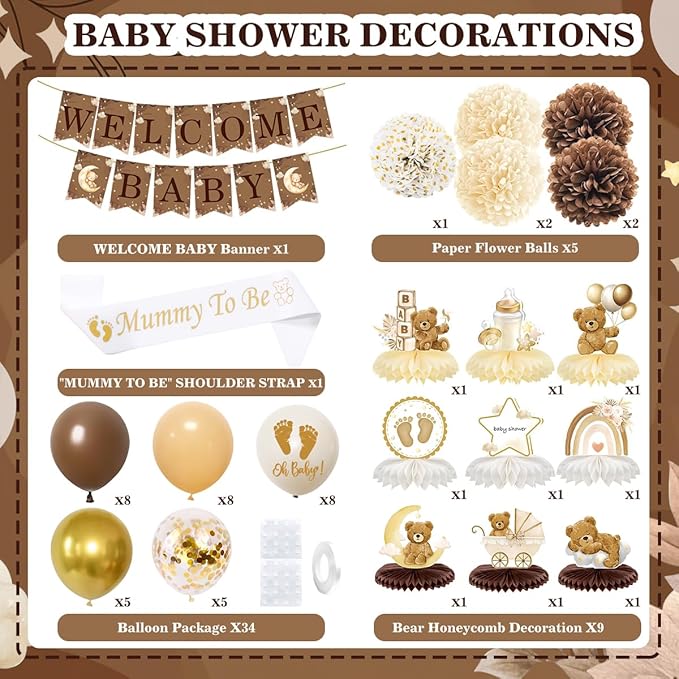 Baby Shower Decorations Set, Teddy Bear Brown White Gold Party Supplies with Balloons, Welcome Baby Banner, Paper Flowers, Gender Reveal We Can Bearly Wait Party Decoration for Boy Girl