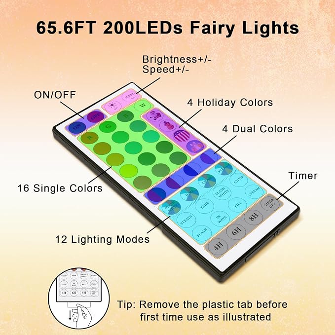 65.6FT 200LEDs Fairy Lights with Remote, 196 Modes 24 Color Changing Timer Dimmable Adjustable Speed IP65 Waterproof Fairy Lights Plug in for Tree Party Wedding DIY Festival Bedroom Chairs Decoration