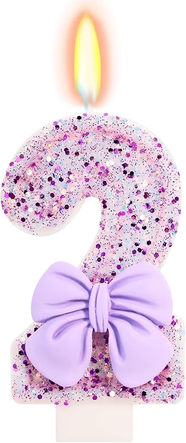 Birthday Candle for Cake, 2 Candle - Purple Glitter with Bowknot, 2.76 inch Cake Topper Decoration for Two Years Old Birthday Party (Number 2)