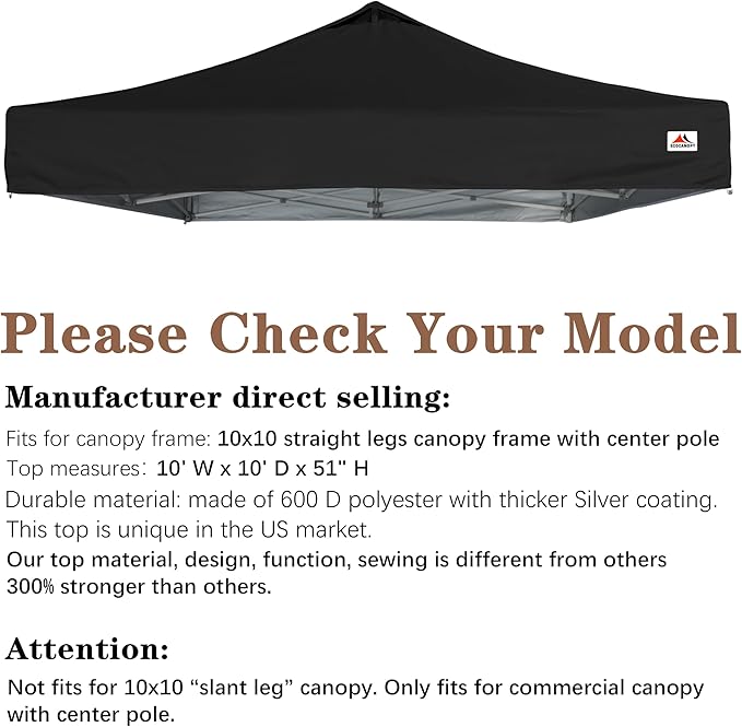SCOCANOPY Commercial 10x10 Pop Up Canopy Replacement Cover Top with Air Vent,Canopy Cover ONLY, (Black)