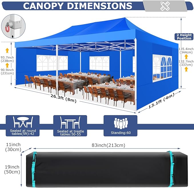COBIZI 10x20 Heavy Duty Pop Up Canopy Tent with 6 Sidewalls Thicken Frame, Commercial Easy Up Outdoor Wedding Party Tents, All Season Waterproof Windproof with Stakes Sandbags Ropes Roller Bag, Indigo