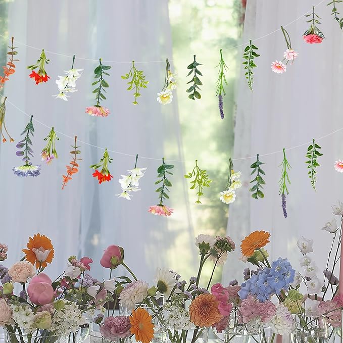 Suncalla 2 Pcs 6.6 ft Artificial Flower Garland Spring Wildflower Vines Backdrop Floral Hanging Ceiling Garland for Tea Birthday Wedding Bridal Shower Baby Shower Backdrop Wall Decor(Vivid Color)