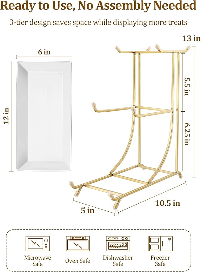 3 Tier Serving Tray Set – 12 Inch Porcelain Serving Platters with Pre-Assembled Gold Metal Stand, No Installation Required, Tiered Tray for Dessert Fruit Food Display and Party Entertaining