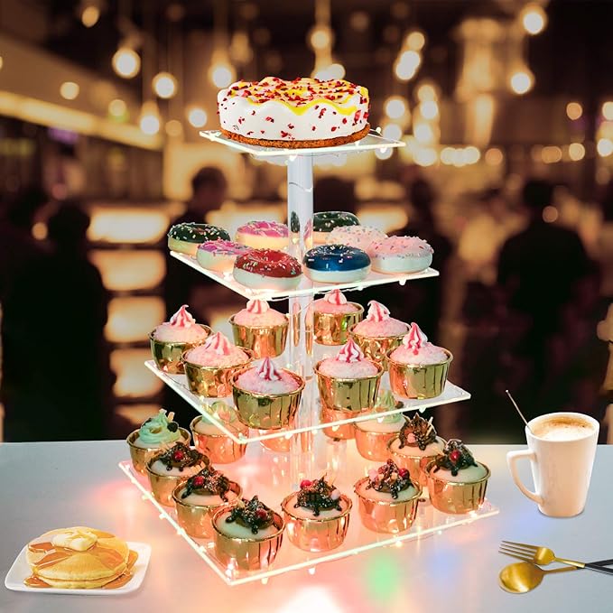 WeddingWish Cupcake Display Stand, 4-Tier Acrylic & Copper, Multicolor LED Light, 50 Cupcakes