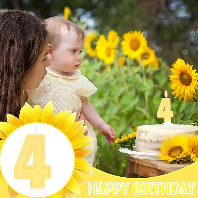 Yellow Birthday Candles for Boys Girls - Number 4 Candle Cake Topper for Yellow Party Decorations Sunflower Birthday Decorations