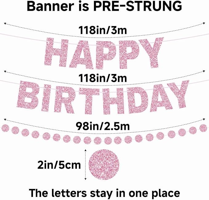 Happy Birthday Banner Pre-Strung Birthday Party Decorations NO DIY Glitter Happy Birthday Sign Circle Dots Garland Birthday Hanging Decorations for Women Men Birthday Party Supplies (Pink)