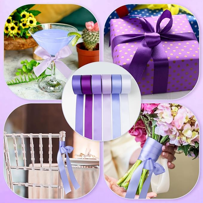 Purple Satin Ribbon 1 Inch Wide Lavender Light Purple Lilac Ribbon Assorted Solid Color Double Faced Satin Ribbon for Flower Bouquet Wedding Invitation Crafts Gift Wrapping Hair Bows - 60Yds