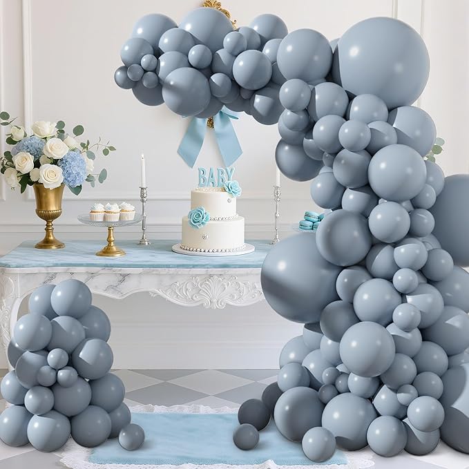 Amandir 153pcs Dusty Blue Balloons Arch Garland Kit Different Sizes 18 12 10 5 Inch Haze Pale Blue Latex Matte Balloon for Birthday Baby Shower Gender Reveal Wedding Engagements Party Decorations
