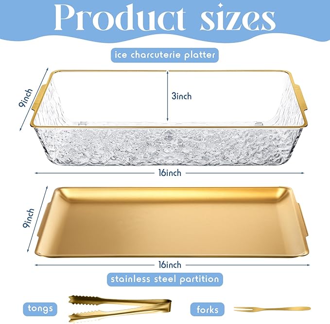Baderke 4 Set 16" x 9.45" Chilled Serving Tray for Parties with Compartments Ice Chilled Party Platter Charcuterie Serving Board with Forks Tongs for Fruit Seafood Vegetable Appetizer (Gold)