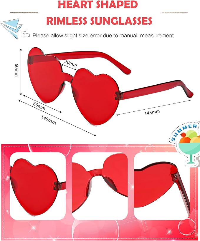 20 Pairs Heart Shaped Sunglasses Bulk, Colorful Rimless Fun Heart Sunglasses for Women Party Favors