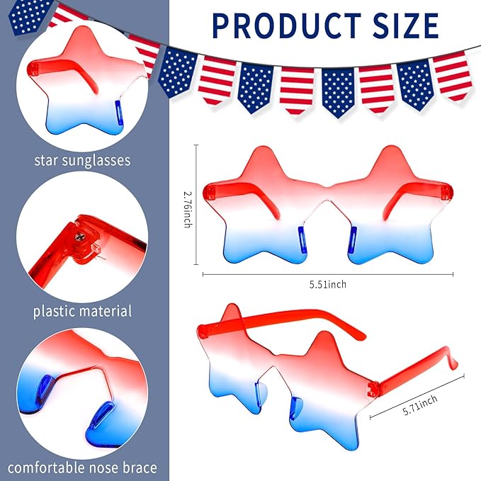 Semato 12 Pcs Star Sunglasses Bulk Rimless Red White and Blue Star Glasses Party Favors