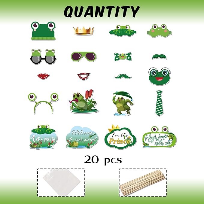 20 Pcs Frog Photo Booth Props Kit, Animal Party Selfie Decorations, Baby Shower, Rainforest Frog Birthday Party Photography Supplies