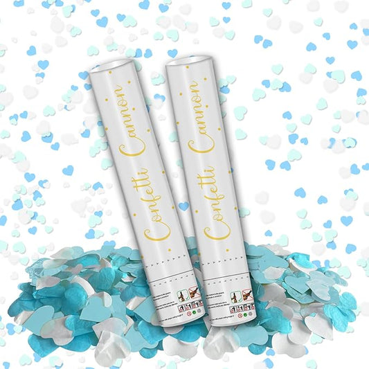 12" Confetti Cannons with Blue & White Heart Filling - Party Poppers for Gender Reveal Baby Shower Bridal Shower Valentine Wedding Anniversary - Easy to Use,Biodegradable Confetti - Pack of 2