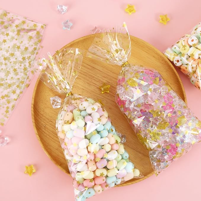 100 Pcs Cellophane Treat Bags,5 X 11 Inches Gold Star Clear Cellophane Bags,Twist Ties,for Gift Wrapping,Packaging Candies,Dessert,Bakery, Cookies, Chocolate,Party Favor