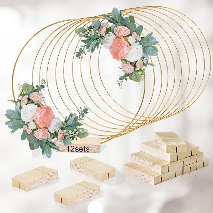12Pcs 12 Inch Floral Hoop Centerpiece Table Decorations, Metal Gold Center Pieces Decoration for Table with Wood Base, Table Centerpieces for DIY Wedding Decor Wall Hanging Crafts