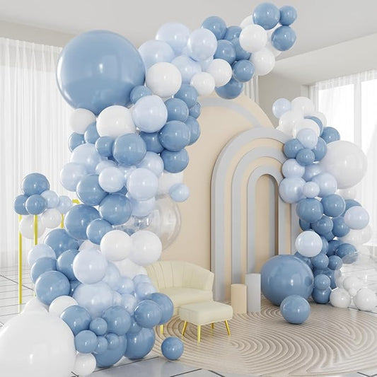 Dusty Blue White Balloons Arch Kit, 124pcs Light Blue White Transparent Balloons with 16ft Tape Strip & Dot Glue for Birthday Baby Shower Wedding Party Decorations