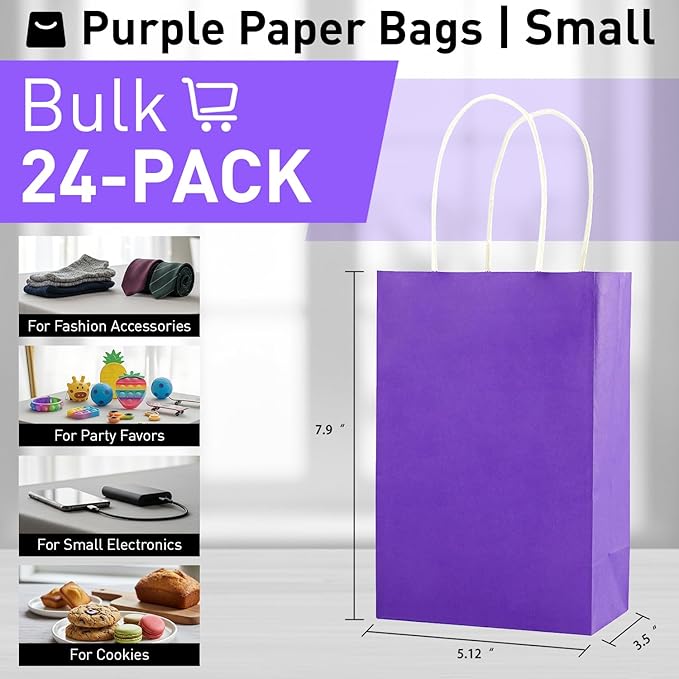 SUNCOLOR Purple Gift Bags with Tissue Paper, 24 Pack Small Kraft Paper Party Favor Bags with Tissue Papers, 7.9 x 5.12 x 3.15 Inches with Handles for Birthdays, Weddings, Bridal Showers