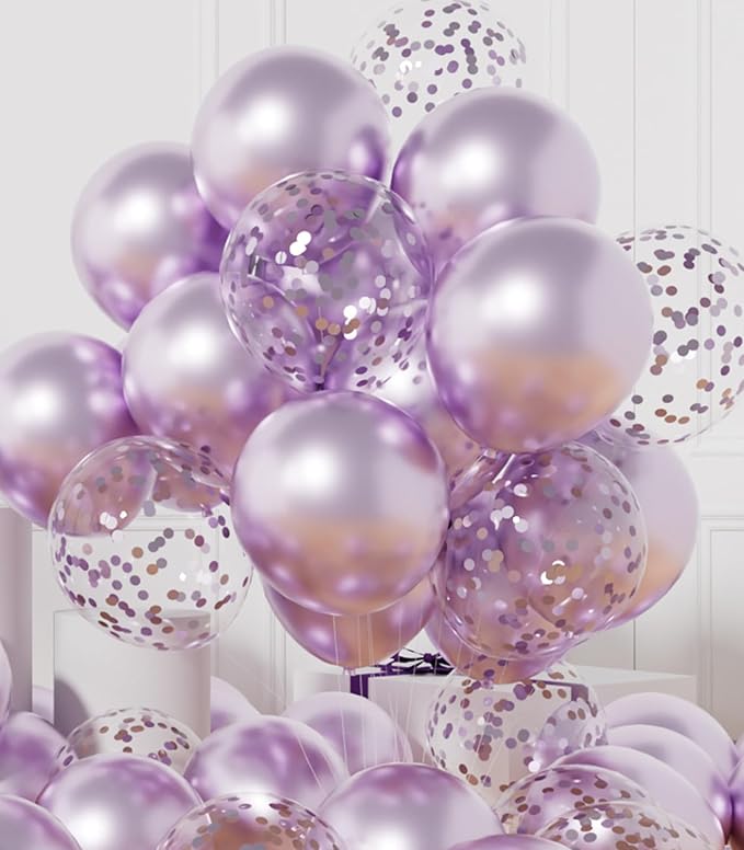 AULE Party Balloons Pack of 42 - Metallic Lavender Balloons and Confetti Latex Helium Balloons With 64ft Ribbons - 12 Inch Lilac Chrome Balloon Decoration Set