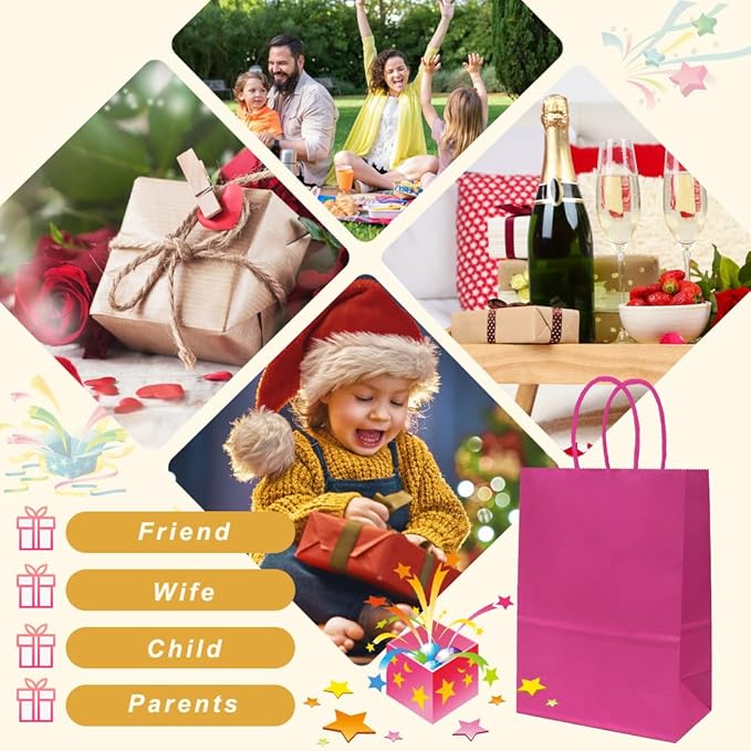 ADIDO EVA 25 PCS Hot Pink Gift Bags Small Paper Bags with Handles for Party Favor (8.2 x 6 x 3.1 in, Hot Pink)