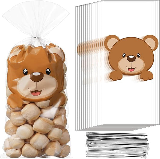 Capoda 100 Pcs Bear Cellophane Treat Bags Baby Shower Candy Bags Bear Theme Party Clear Goodie Snack Cookie Gift Wrapping with Twist Ties for Baby Shower Gender Reveal Boy or Girl Birthday Party