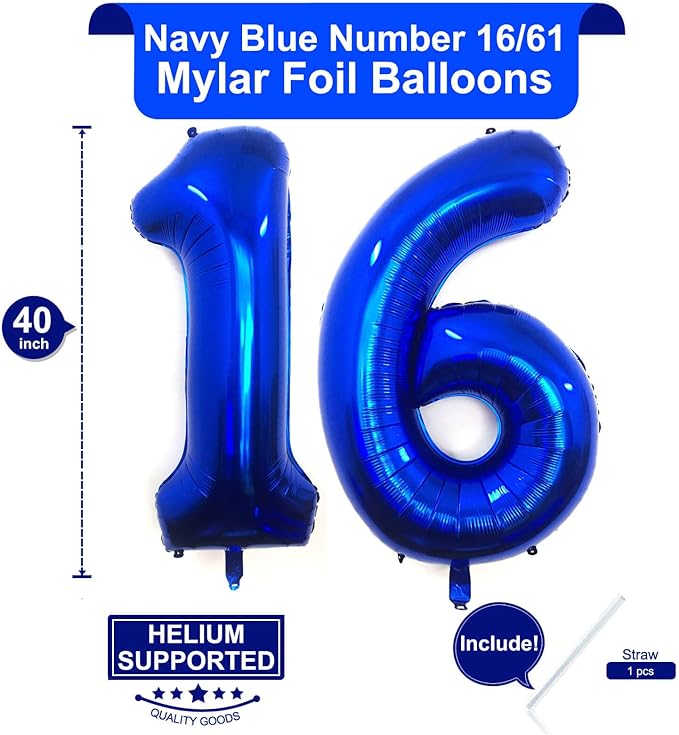 40 Inch Navy Blue 16 Number Balloons Giant Jumbo Huge 16 or 61 Foil Mylar Helium Number Digital Balloons Dark Blue Birthday Mylar Digital Balloons 16th Birthday Anniversary Events Party Decorations
