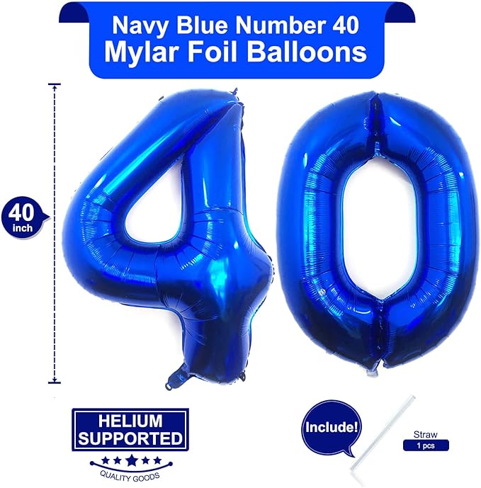 40 Inch Navy Blue 40 Number Balloons Giant Jumbo Huge 40 Foil Mylar Helium Number Digital Balloons Dark Blue Birthday Mylar Digital Balloons 40th Birthday Party 40th Anniversary Events Party