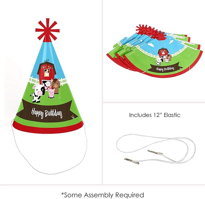Big Dot of Happiness Farm Animals - Cone Party Hats for Kids and Adults - Set of 8