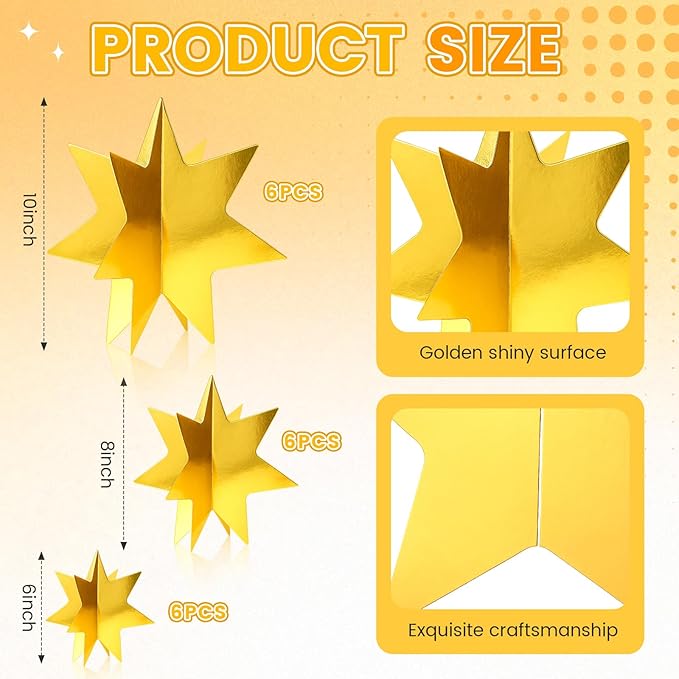 AmazingSpark 18 Pcs Large Star Centerpieces 3D Gold Star Table Decorations in 3 Sizes 10" 8" 6" for Birthday Party Baby Shower Gathering Carnival Ceremony Graduation Movie Night Supplies (Gold)