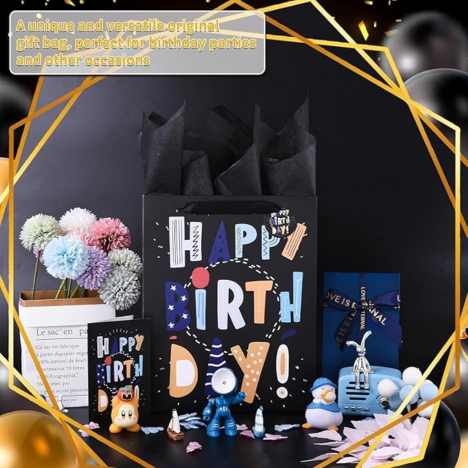 Powbrace 13" Black Happy Birthday Bag with Tissue Paper and Greeting Card for Party,Happy Birthday Gift Bag for Men, Boys, Kids, Gift Bags Medium size (2 PCS Black,Gift Bag)