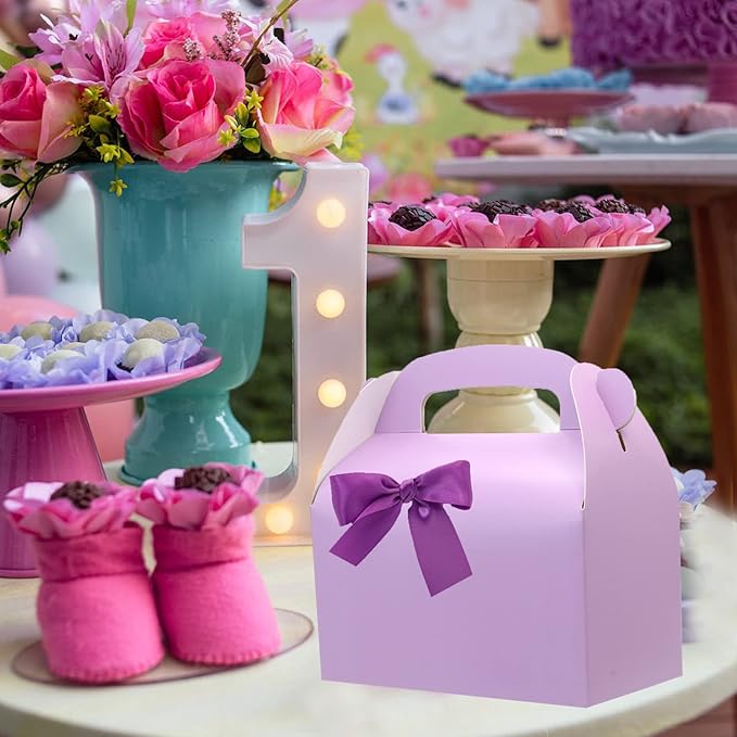 30-Pack Purple Party Favor Treat Boxes, Goodie Boxes, Gable Paper Gift Boxes with Handles. Perfect for Purple Birthday Party Baby Shower Decoration Supplies.