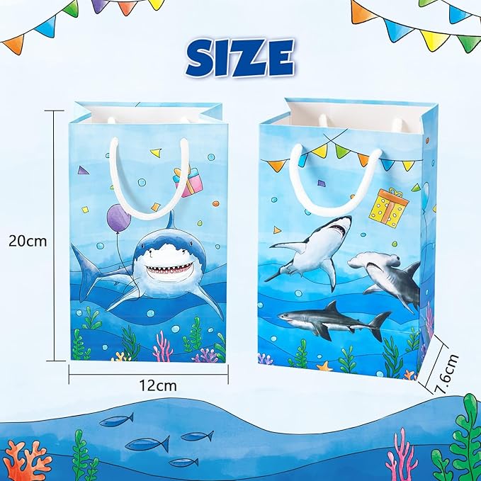 WERNNSAI 16Pcs Shark Party Favor Bags - Blue Shark Birthday Party Gift Bags for Kids Boys Under The Sea Birthday Decorations Shark Goodie Bags with Handle for Baby Shower Ocean Sea Party Supplies