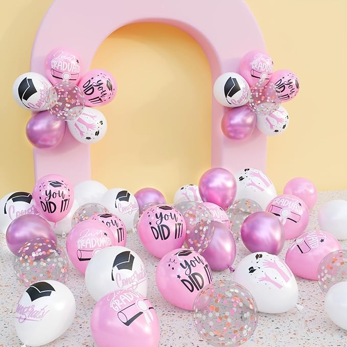 2026 Graduation Party Decorations, 68pcs Light Pink White Metallic Pink Graduation Balloons Black White Pink Confetti Balloons for College High School Class of 2026 Congrats Grad Party Decor