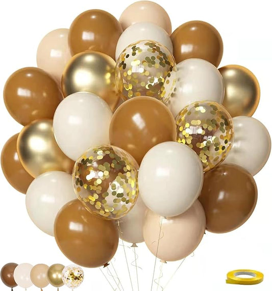 Brown and Gold Balloons, 12 Inch Light Sand White Confetti Balloons for Neutral Bridal Shower, Birthday, Baby Shower Party Decorations