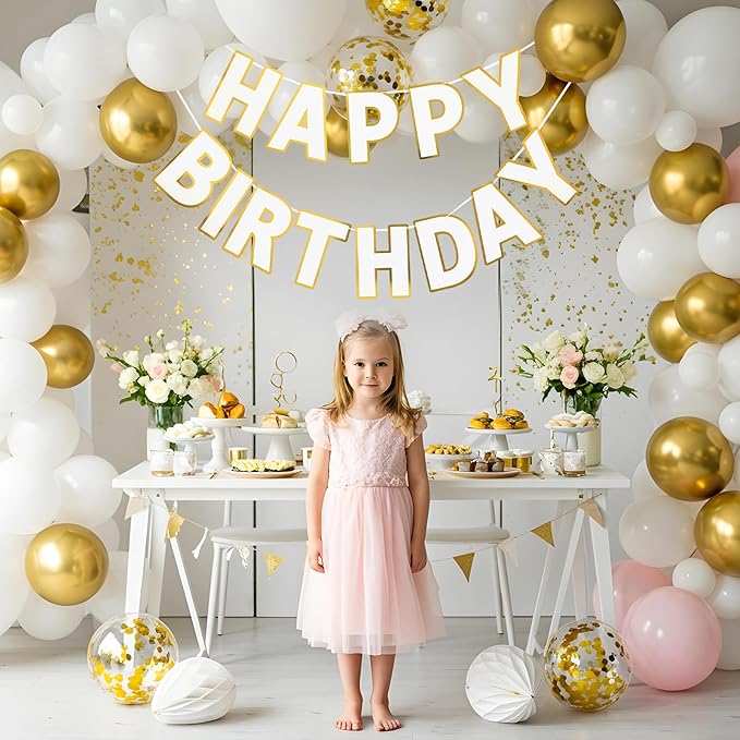 Happy Birthday Banner - 9ft Pre-Strung Happy Birthday Sign for Women, Men, Girls, Boys - No DIY Birthday Decorations & Party Supplies(White)