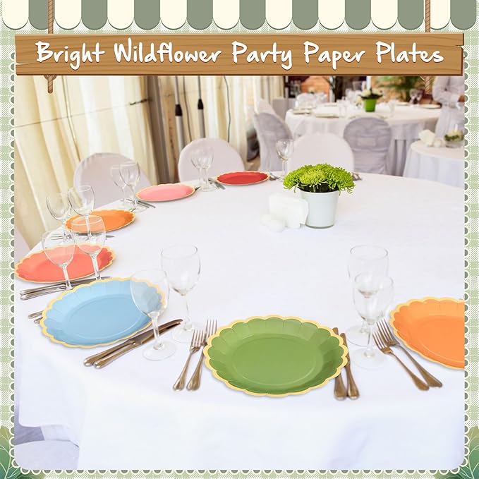 96 Pcs Wildflower Color Paper Plates 9 Inch Colorful Boho Scalloped Paper Disposable Dinner Dessert Plates for Spring Summer Birthday Wedding Bridal Party Supplies, 6 Colors