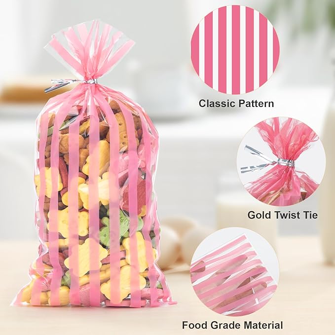 120 Pack 10.6x5.1 Inch Cellophane Treat Bags with Ties - Polka & Pink Stripes Candy Gift Baggies for Birthday, Wedding Party Favors, Snack Packing Supplies